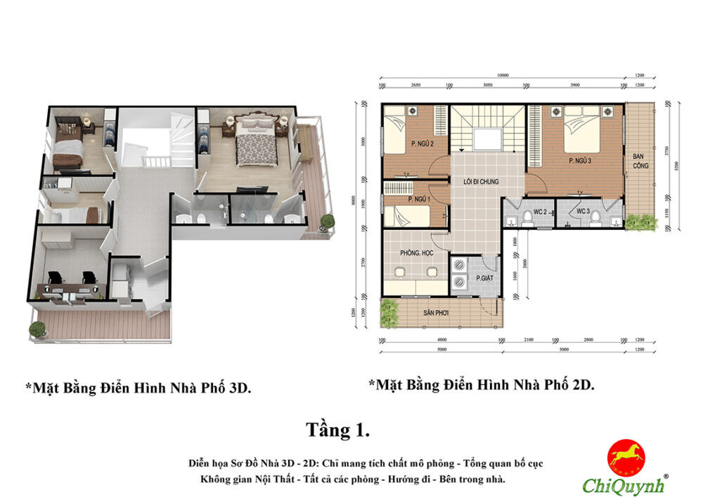 Mô hình 3D cho bất động sản Tầng 1.