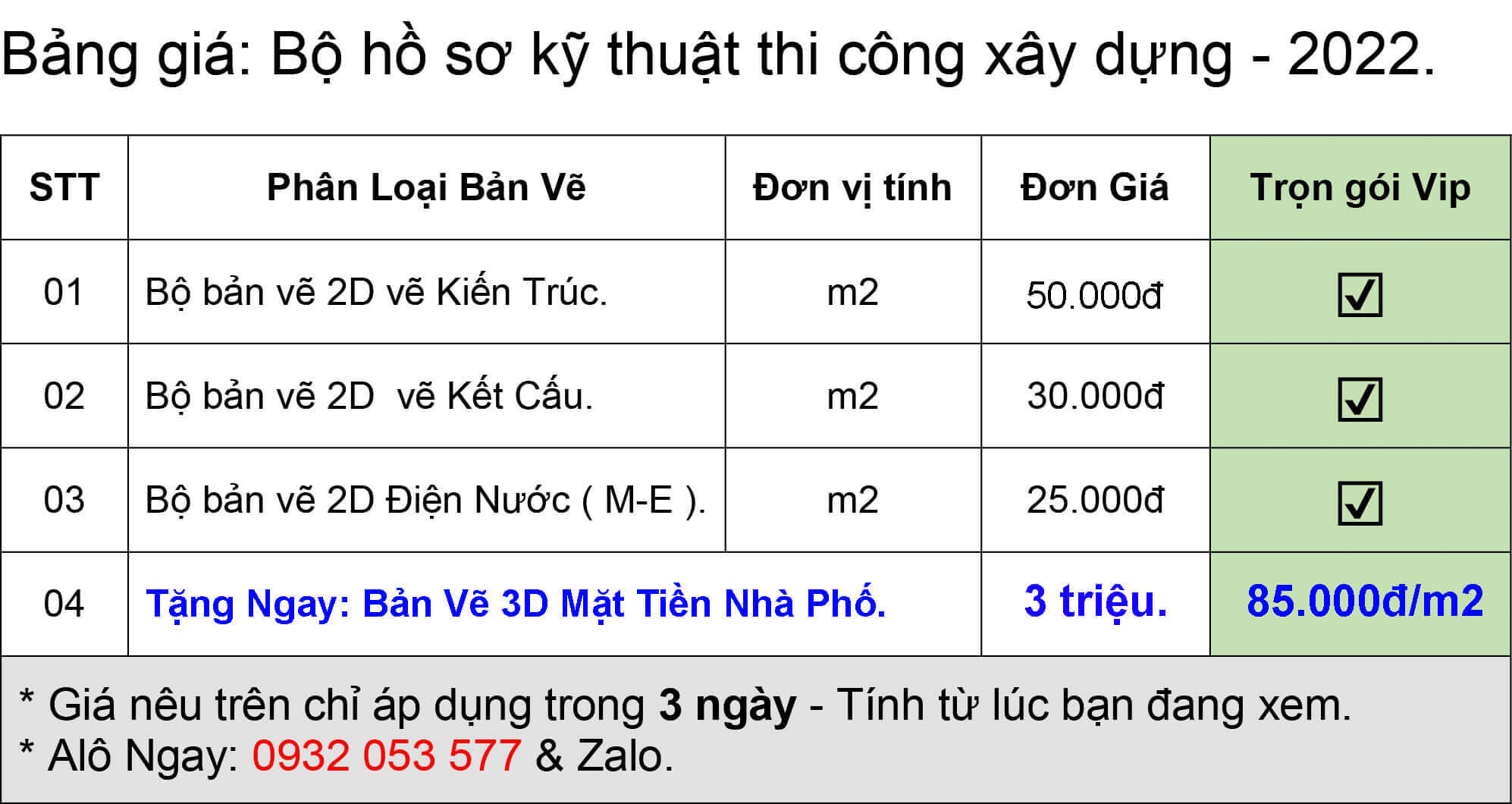 Bảng giá: Bản vẽ xây dựng 2024